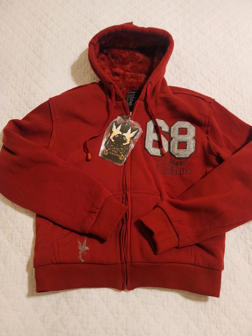 Free Culture Women’s Red Sherpa Lined Hoodie Jacket 68 Full Zip Size L NWT